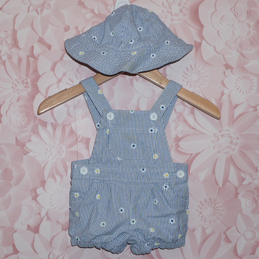 Striped Shortie Overalls & Hat Set Size 0-3m